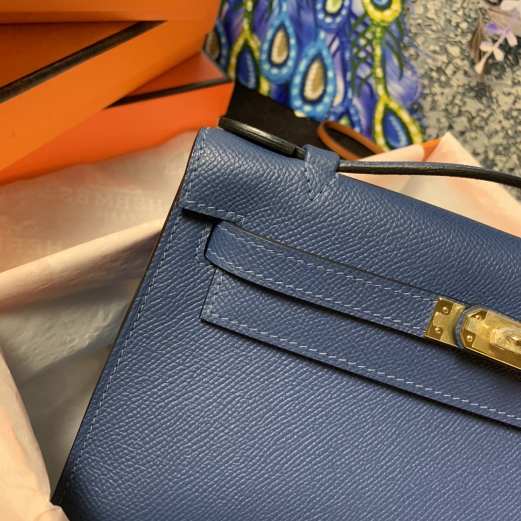 Hermes Mini Kelly Pochette 22cm Bag In Blue Nuit Epsom Leather